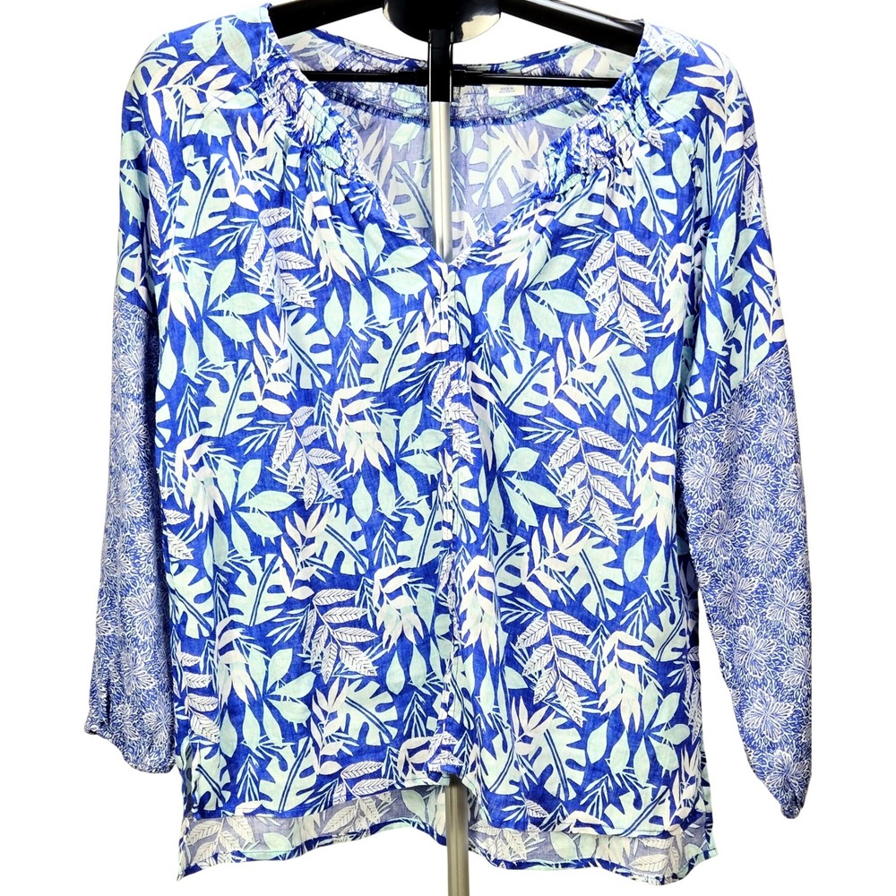 Women's Sigrid Olsen Size M Blue 100% Linen Tropical V-Neck Top Coastal Resort